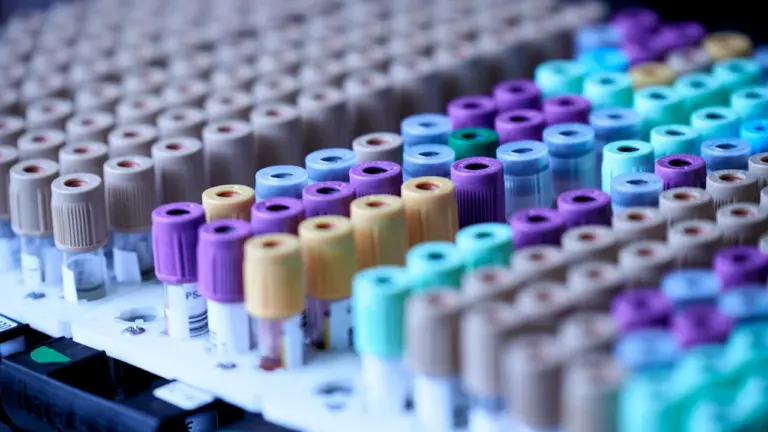 Kraujo mėginių paėmimo indeliai laboratorijos stelaže pasirengimui atlikti tyrimus