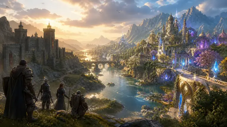 Originali fantastinio MMORPG pasaulio iliustracija serverių pasirinkimo gidui