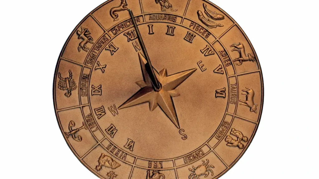 Bronzinis Zodiako ženklų simbolių ratas su rodykle, rodantis įvairius astrologinius ženklus.