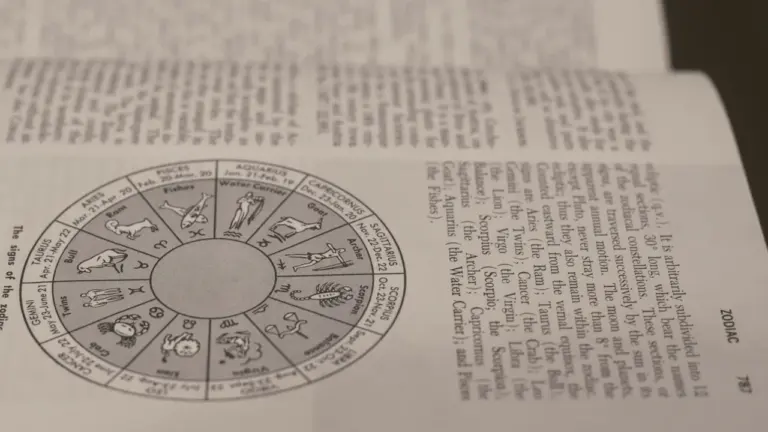 Zodiako ženklų diagramos atvaizdas sename puslapyje, iliustruojantis astrologines prognozes kiekvienam Zodiako ženklui.