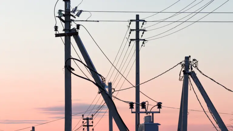 Elektros stulpai su laidais prieš saulėlydį primena energetikos tinklų atstatymo darbus regione.